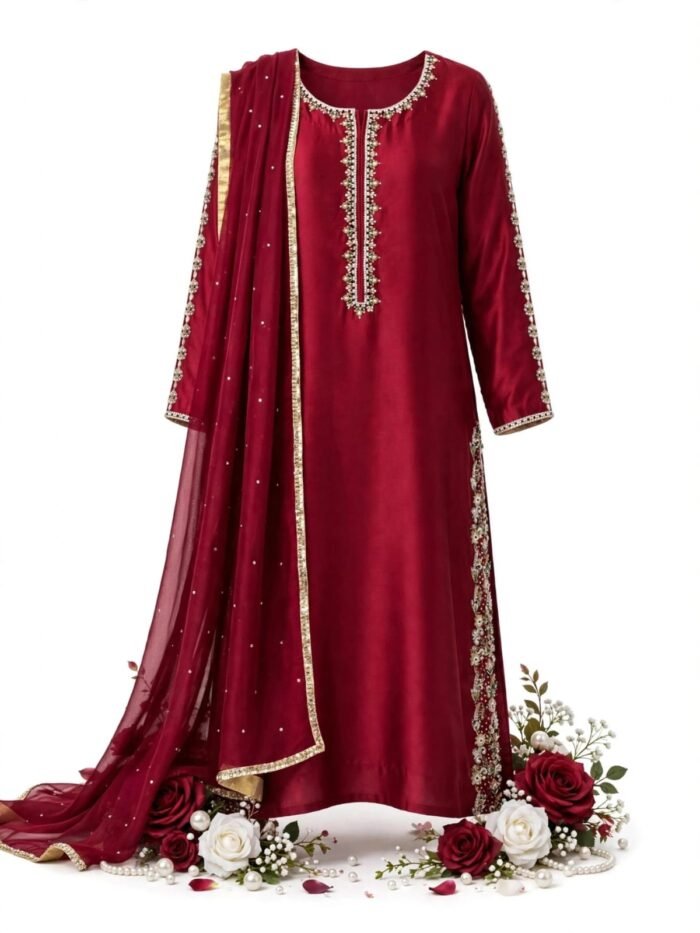 Maroon Hand Embroidered Dress